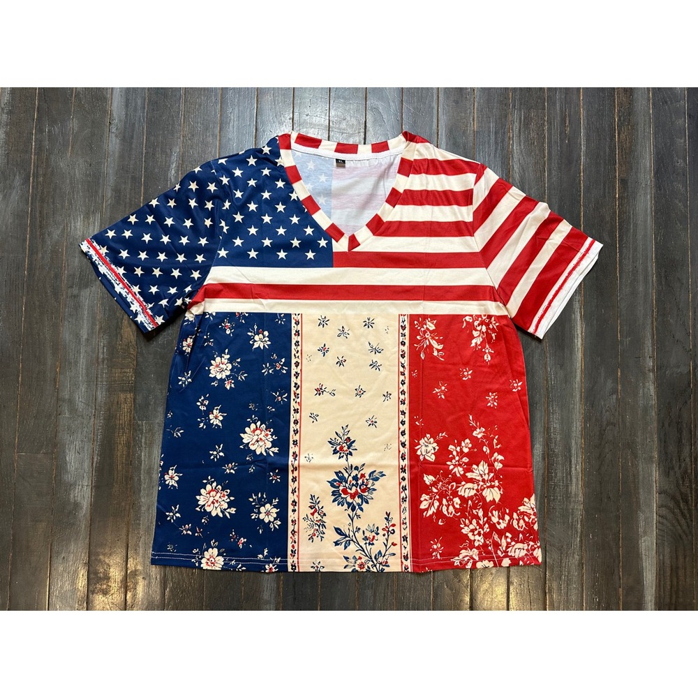 Patriotic Floral Stars and Stripes V-Neck T-Shirt Red White Blue